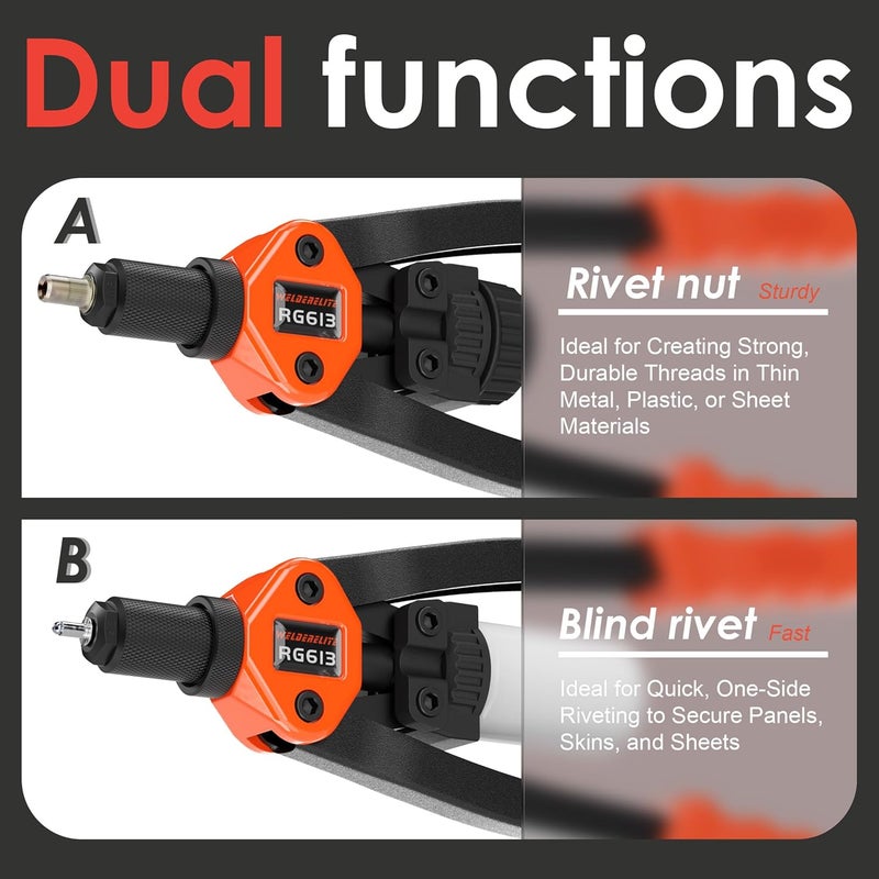 WelderElite Store Dual-Function Rivet Nut Tool Rivet Gun Kit Including 405 pcs Rivet Nuts Blind Rivets 15 Mandrels 5 Rivet Nozzles, Multi-Purpose - Image 3